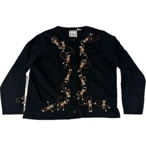 VTG Michael Simon Lite Cardigan Sweater Women's Large Embroidered Monkeys Beaded